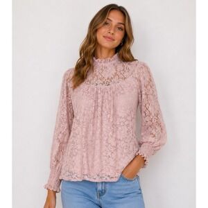 Cable & Gauge Women's‎ Pink Floral Lace Blouse High Neck Long Sleeve Ruffle Sz M